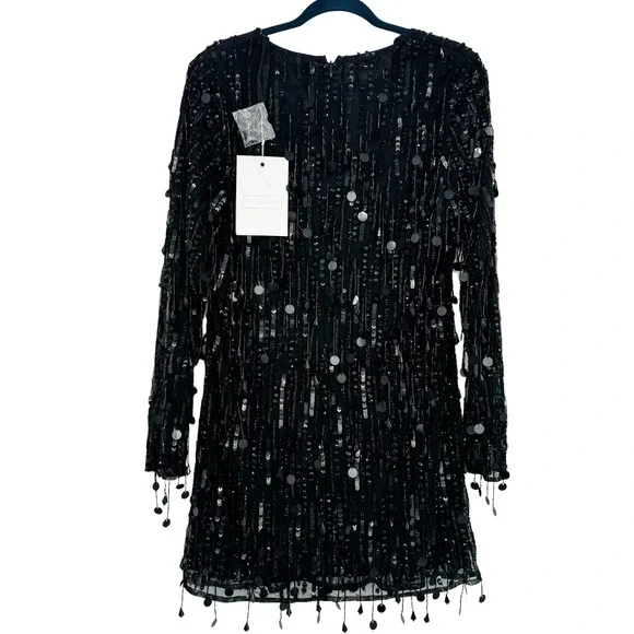 Mac Duggal Sheer Sleeve Fringes Cocktail Dress Black Size 12 NWT - Picture 8 of 12